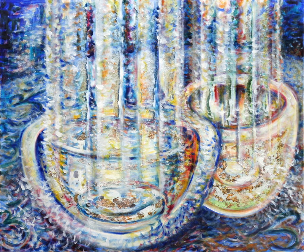 Gemälde von Barbara Meisner: Aus schalenförmigen Strukturen steigen Lichtstrahlen auf – Sinnbild für Klang, Ordnung und Entfaltung in der Universellen Musik.