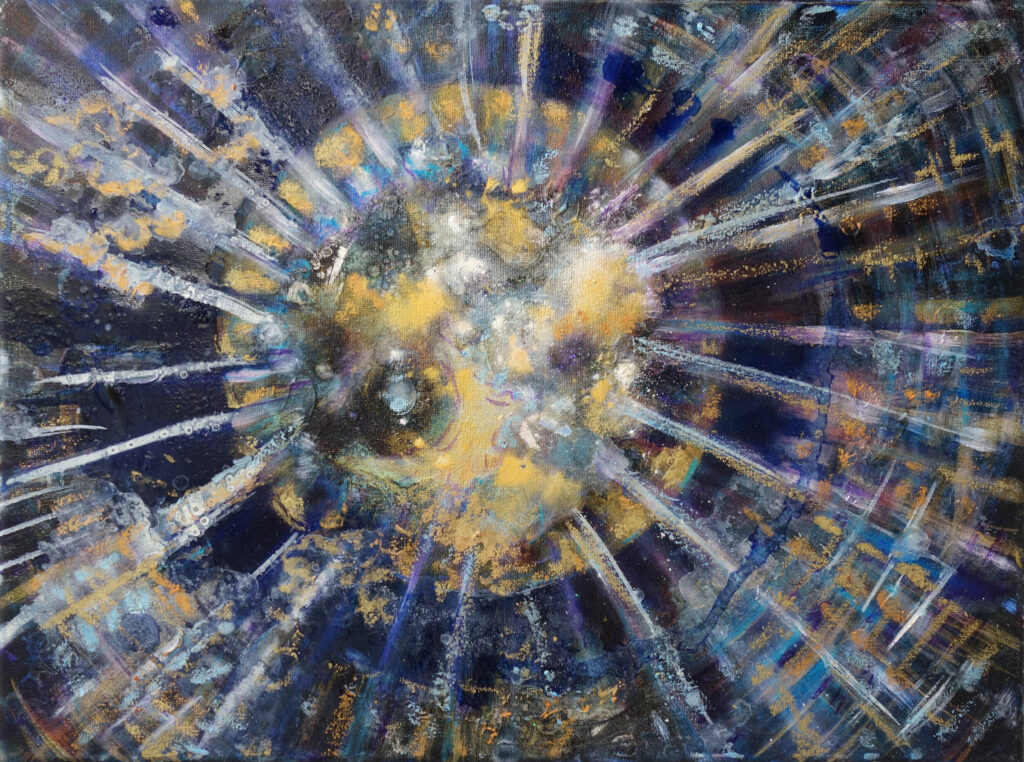 Abstraktes Gemälde von Barbara Meisner mit radialen Farb- und Lichtstrahlen um ein helles Zentrum.