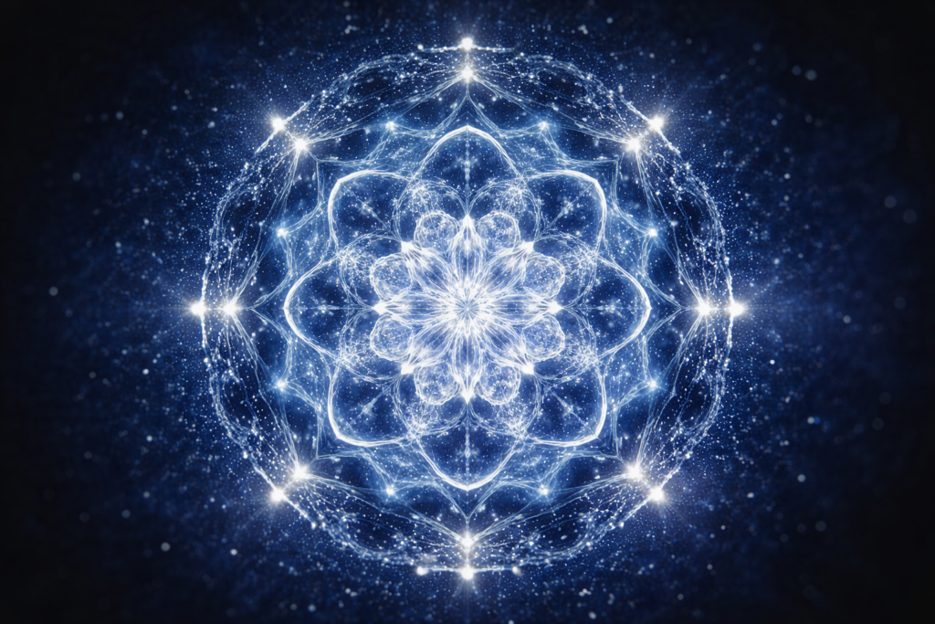 Blaues Bild, das die faszinierende Ordnung der Musik symbolisiert. Angelehnt an reale Wasserklangbilder.