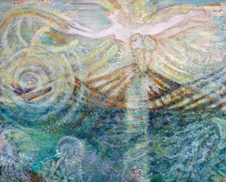 Abstraktes Gemälde von Barbara Meisner: In einer vielschichtigen Urlandschaft aus Blau-, Grün- und Erdtönen formt sich eine lichtvolle, zentrale Gestalt. Kreisende Strukturen, Wellen und spiralförmige Bewegungen erinnern an Klang, Resonanz und harmonikale Ordnungen und verweisen auf die Idee der Frequenzhalterin im Sinne der Universellen Musik.