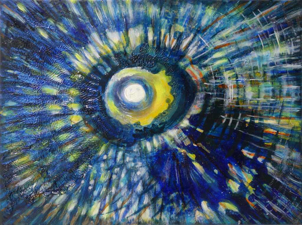 Barbara Meisner: Verbindung zum Lichtfeld – abstraktes Gemälde mit kreisförmigem Lichtzentrum in Gelb und Blau, umgeben von strahlenartigen, bewegten Farbspuren.