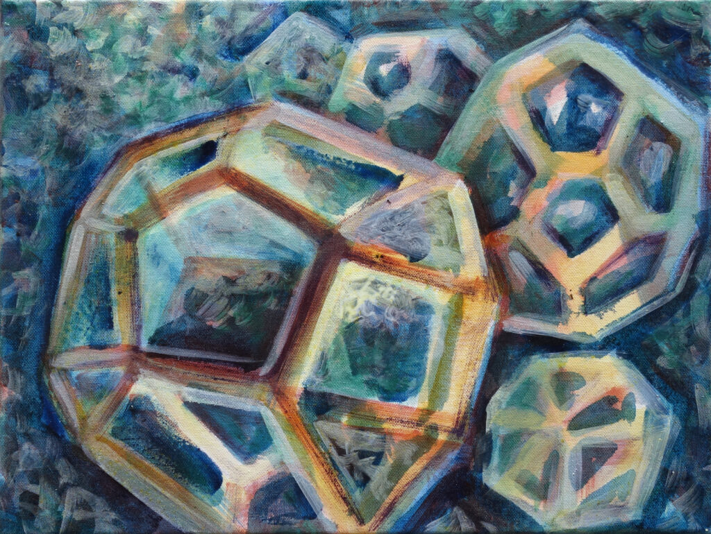 Gemälde von Barbara Meisner mit überlagernden, leuchtenden Dodekaeder-Formen in Blau-, Grün- und Goldtönen. Die geometrischen Körper scheinen im Raum zu schweben und verweisen auf ätherische Strukturen, harmonikale Ordnung und die Idee einer universellen Klang- und Formwelt.