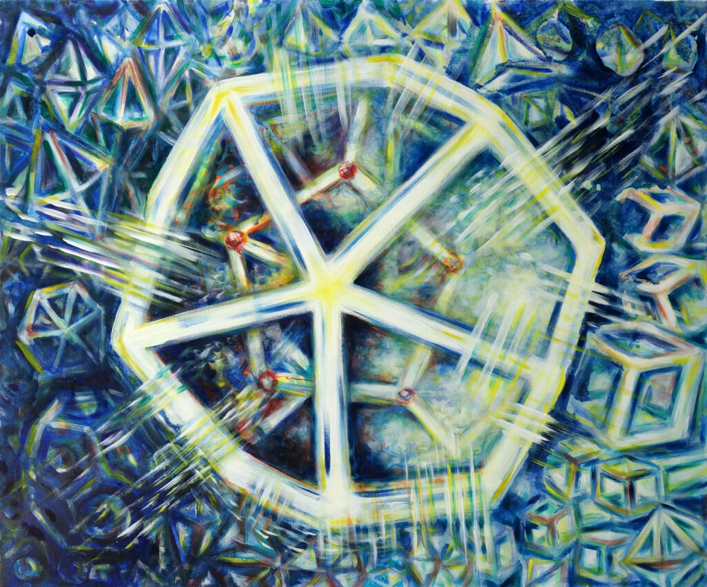 Künstlerische Darstellung eines Ikosaeders in leuchtenden Blau- und Gelbtönen. Die geometrische Form erscheint in Bewegung und steht symbolisch für Zeit, Ordnung und harmonische Strukturen im Kontext der Universellen Musik.