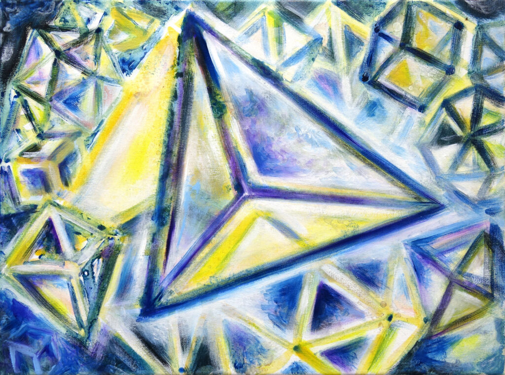 Gemälde von Barbara Meisner: Leuchtender Tetraeder in hellen Gelb-, Blau- und Violetttönen, umgeben von transparenten geometrischen Formen; Darstellung des Elements Feuer in heiliger Geometrie als Sinnbild von Ordnung, Energie und innerer Klarheit.