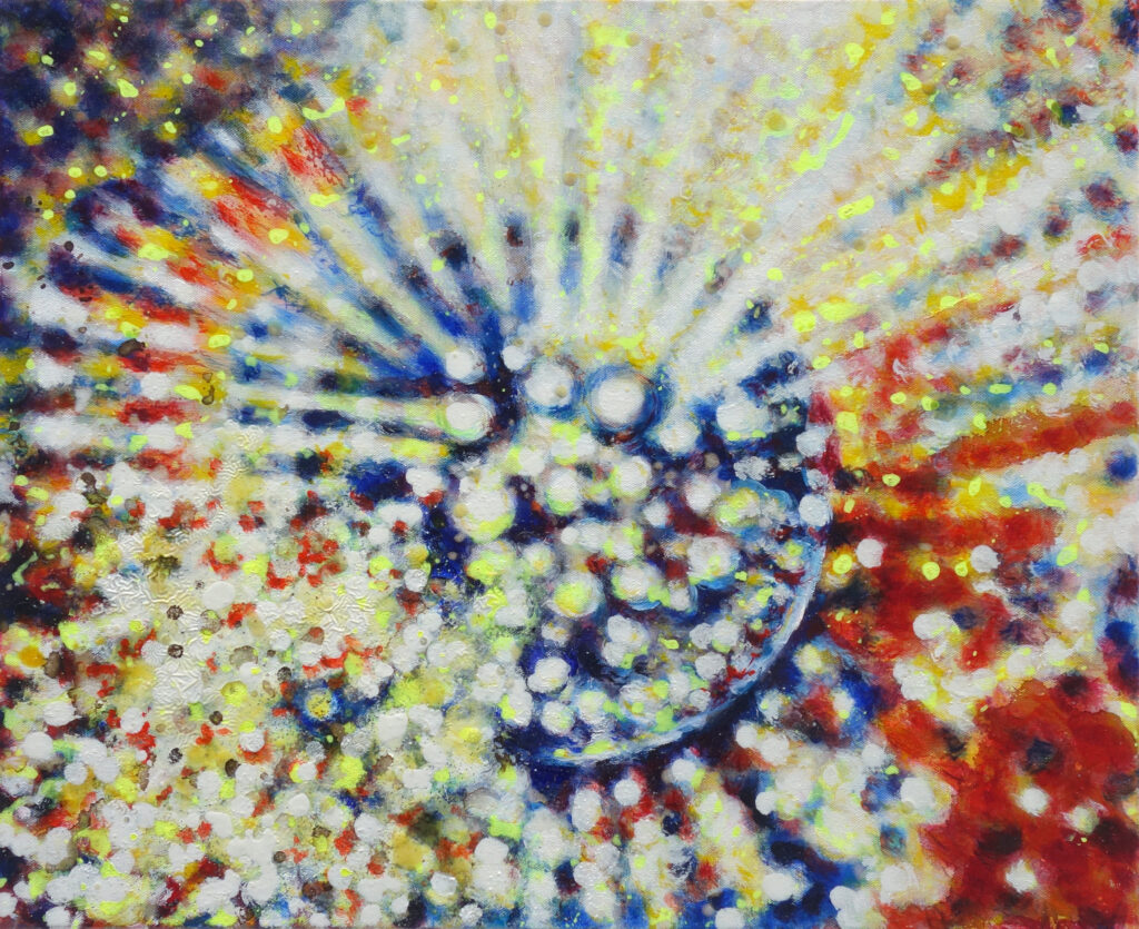 Abstraktes Gemälde von Barbara Meisner mit kreisförmiger Lichtstruktur und strahlenartigen Farbbewegungen. Das Bild steht für inneres Erleben, Resonanz und Verbindung jenseits von Worten.