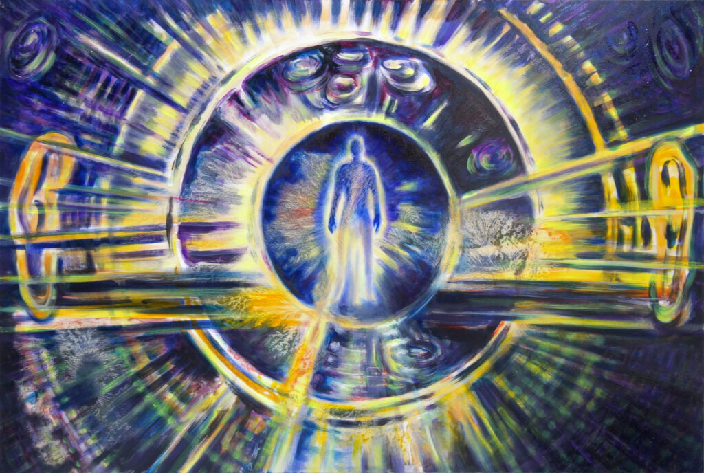 Barbara Meisner, „Sternenstaub – Vom Hören der Welt“: Eine leuchtende menschliche Gestalt im Zentrum kosmischer Klangkreise. Das Bild symbolisiert Resonanz, Weltenharmonik und das Einswerden von Mensch, Klang und kosmischer Ordnung.